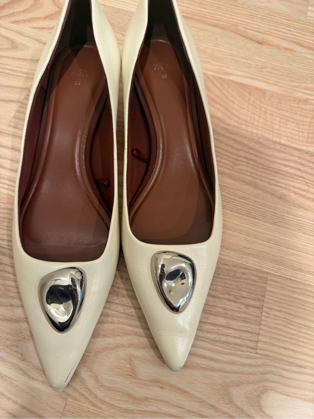 Zara Cream Pointed Toe Flats with Silver Teardrop Accent